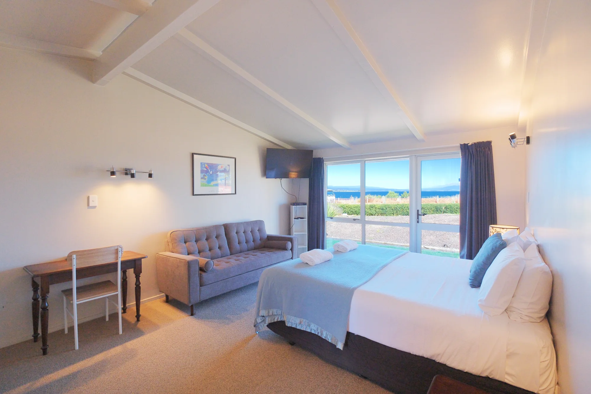A room looking towards the lake at Twin Peaks Lakeside Inn, Taupō
